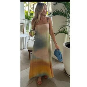 STAUD Multicolored Tie Dye 100% Linen Square Neck Laura Linen Dress size Medium